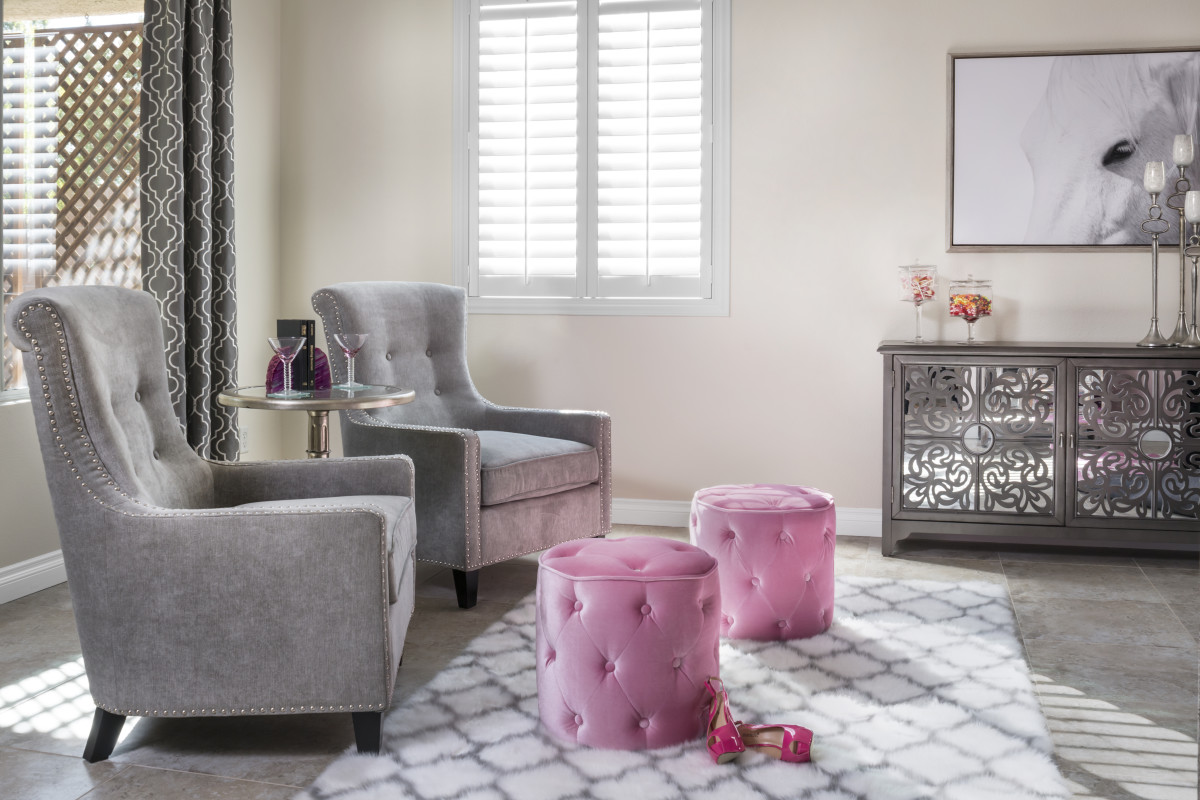 Detroit pink living room with shutters